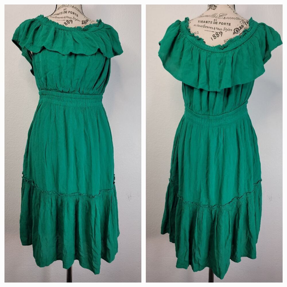 Tommy Bahama Midi Dress XS Layered Off Shoulders Green Cottagecore Bohemian